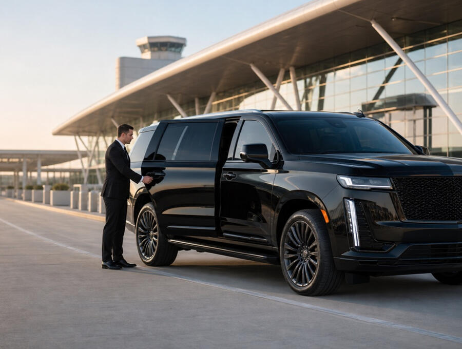 Black luxury SUV with chauffeur at an airport terminal for private Dulles Airport car service